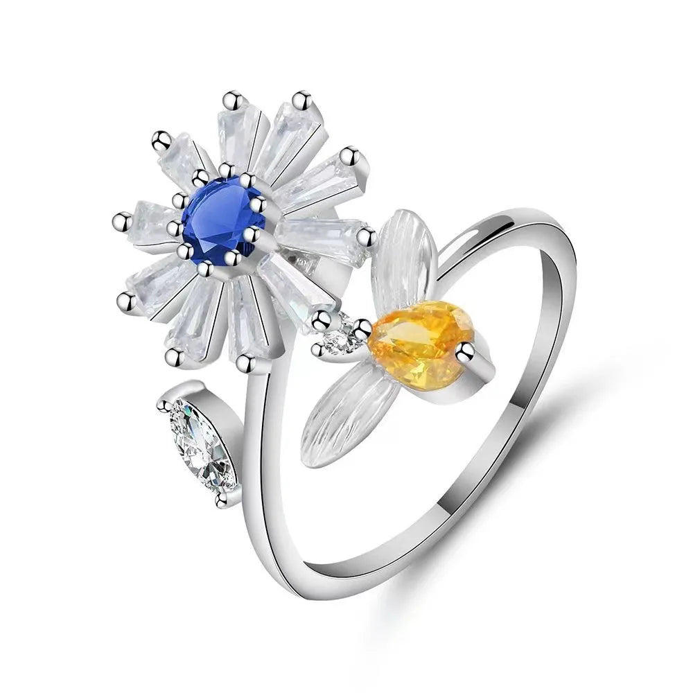 Silver Blue Blossom Charm Ring