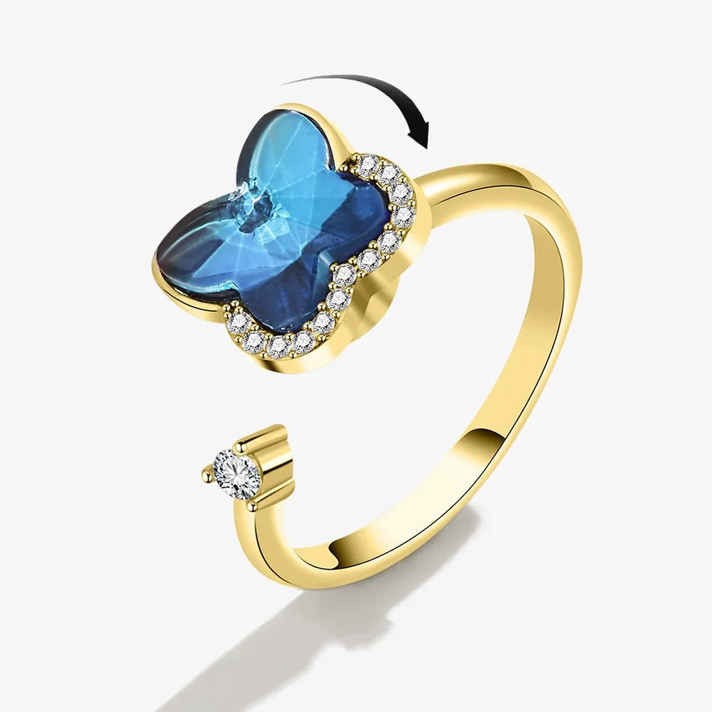 Gold & Blue Butterfly Charm Ring